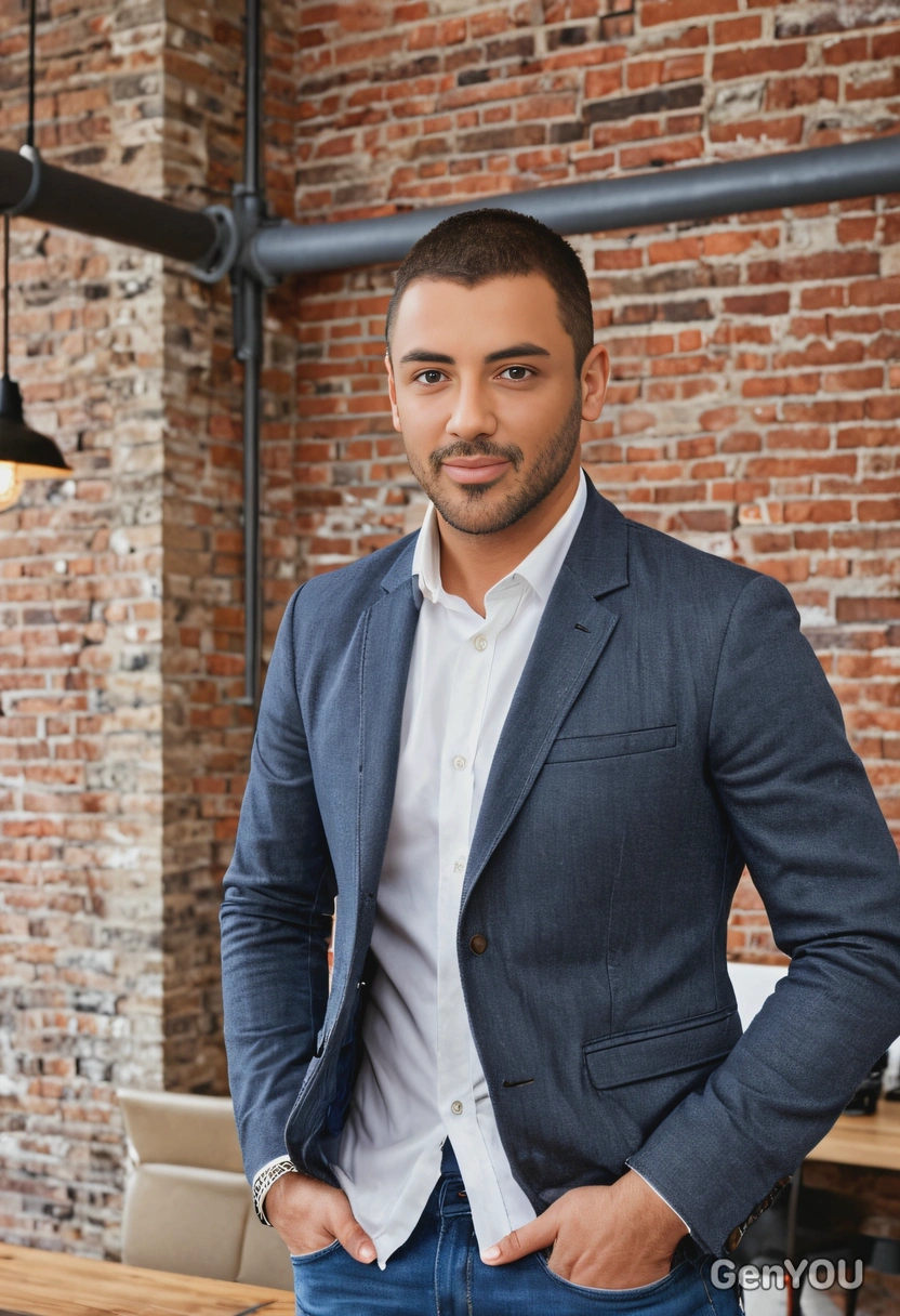 A young entrepreneur in a casual blazer and jeans, pitching a startup idea to investors in a trendy co-working space with exposed brick walls, close-up