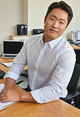 as a robust athletic man in a crisp white shirt, sleeves rolled up, working at the desk, smiling