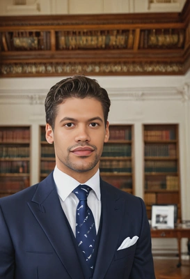 mid-shot, smug, in a tailored navy suit with a silk tie, standing in a grand library, blurred background, soft focus