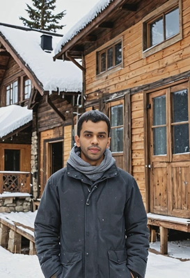 standing in front of a rustic chalet in winter