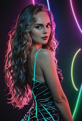 seductive sexy pose with a flirty look, half-body side view, wearing a stunning fitted dress, long wavy hair, in a neon rave club, high-quality photo, vaporware core aesthetics, neon-shaped, sharp face texture, straight tempting eyes looking at viewer