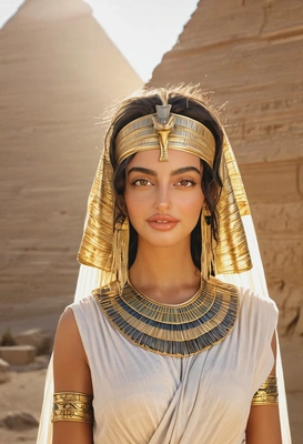 Ancient Egypt era, Egyptian Queen with gold headdress, kohl-lined eyes, pleated linen dress, blurry pyramides on the background, bright sun rays, long shadows
