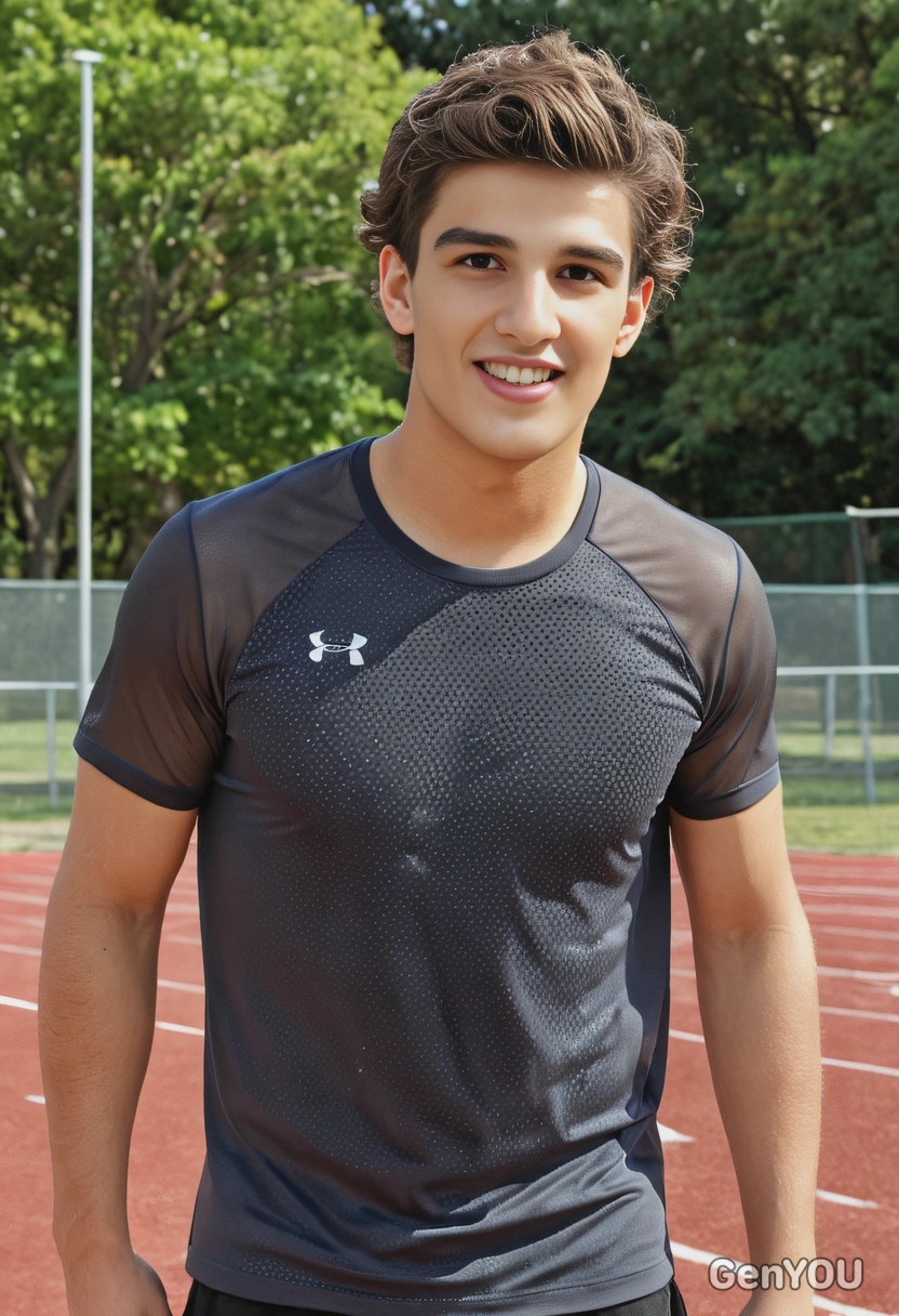 mid-shot, with curly hair, in a breathable mesh athletic shirt, at a city park's running track