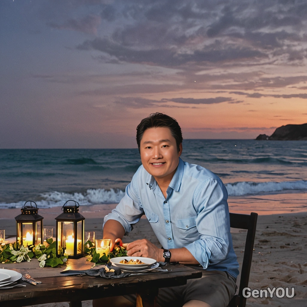 enjoying a candlelit dinner on the beach, with lanterns illuminating their table and the ocean waves softly lapping the shore
