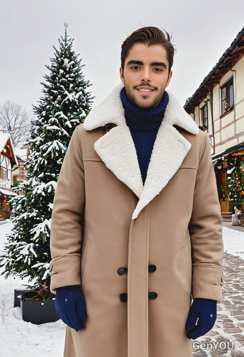wearing a classic winter coat with a fluffy collar and mittens, standing in a snow-covered village square with a giant Christmas tree in the center
