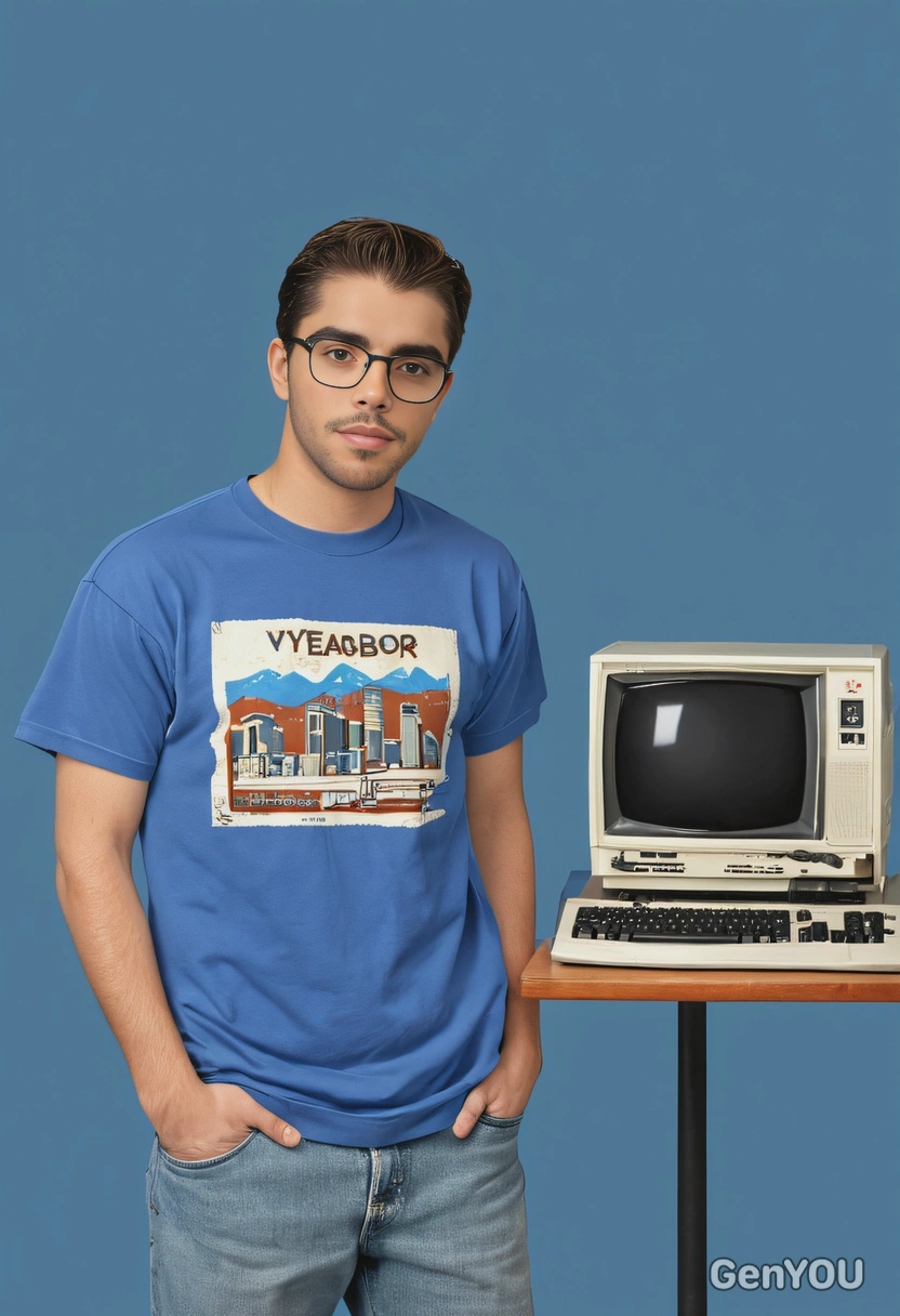 as nerdy 90s computer club member in front of a vintage computer, wearing a graphic tee, against a classic yearbook blue background