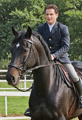 riding a Friesian horse, clear features 
