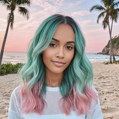 soft, wavy hair dyed in pastel teal and pale pink balayage, styled with middle-parted bangs, set in a serene beach background