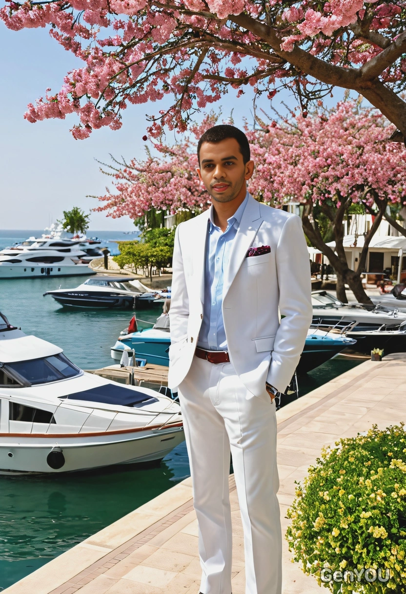 standing in a coastal town, with luxury yachts and blooming trees around