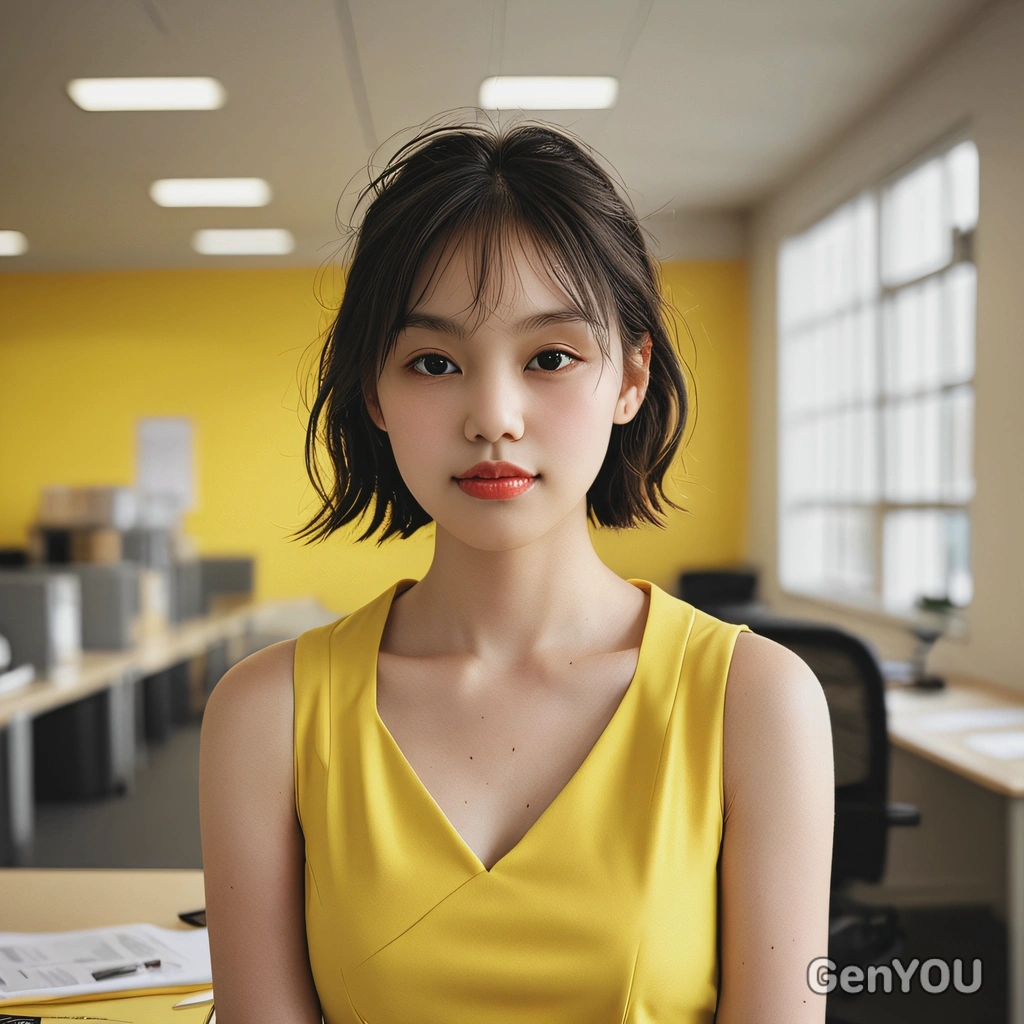cinematic look, sharp skin texture details, freckles, high-quality portrait, confident smile, black hair, bold layered cut with sideswept bangs, yellow office dress, relaxed pose, blurry office background, soft shadows