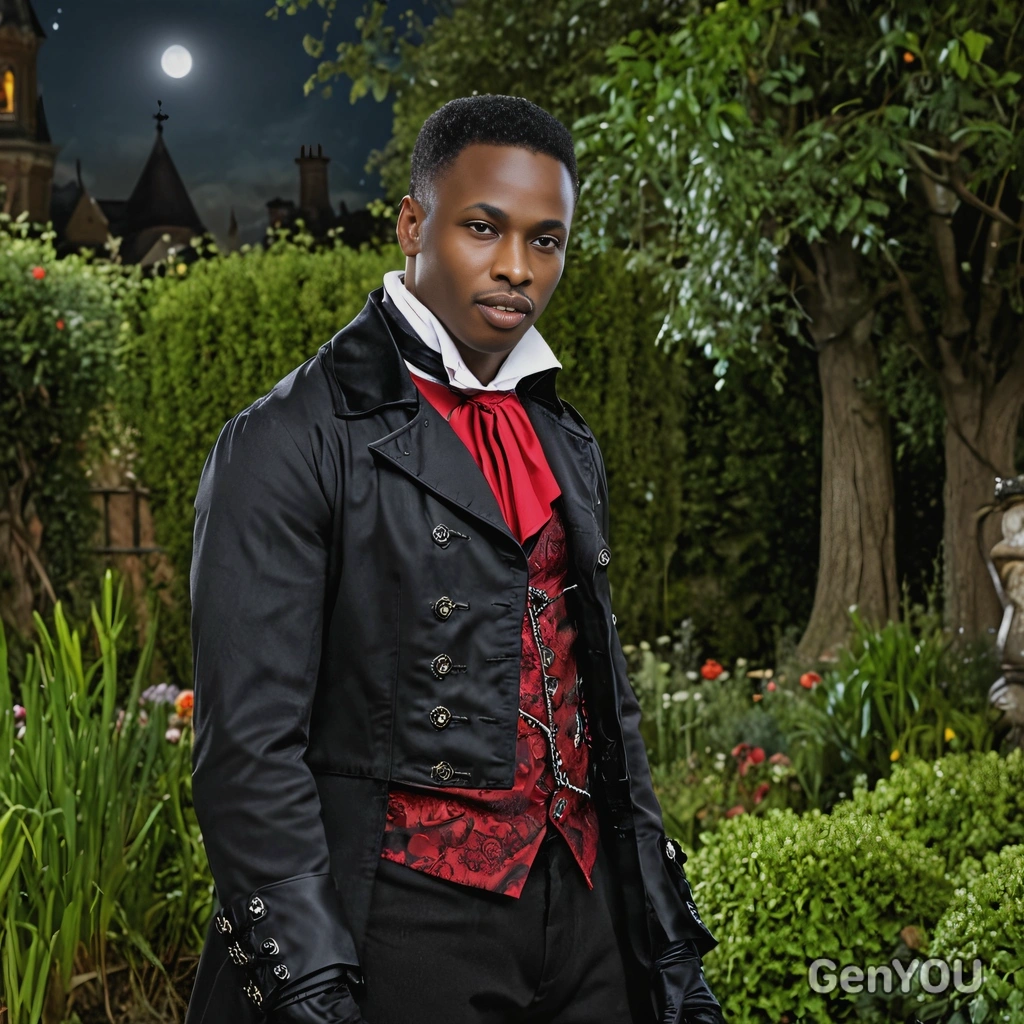 dressed as a Victorian vampire hunter, dark night garden on the background