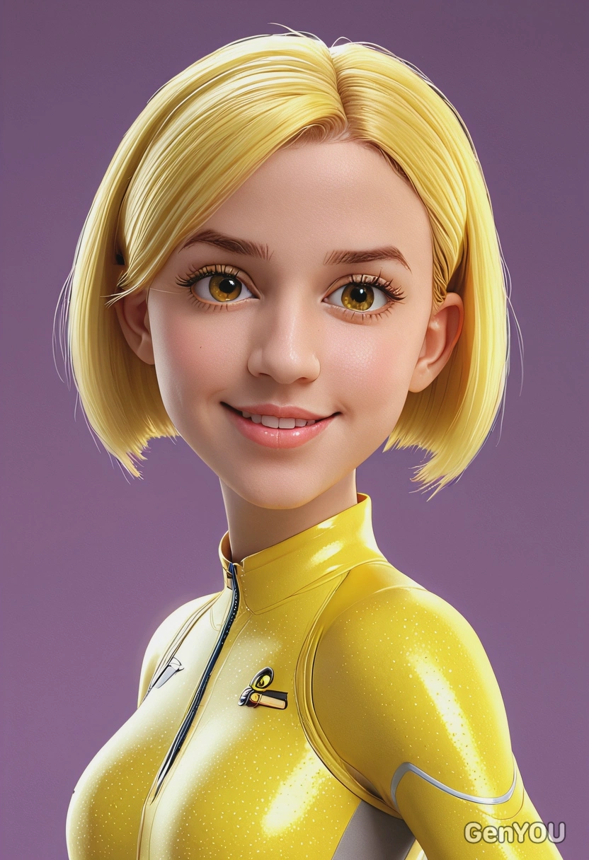 3D cartoon Disney style, Honey Lemon from Big Hero 6, oversized cartoon big sparkling eyes, waist-up portrait, wearing a yellow outfit with futuristic accents, cheerful pose, glowing tech lab background