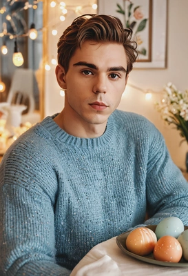 iPhone camera quality, sharp skin texture details, porcelain skin tone, mid-body photo, dreamy look, in an oversized blue pastel fluffy sweater, sitting at a brunch table with painted easter eggs, blurred glowing bulbs evening background, golden hour