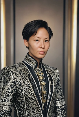 as a movie star in extravagant outfit, blurred background, studio, symmetrical details