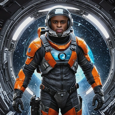 as a space pilot in a futuristic flight suit, flying a starship, stars and asteroids in illuminators, vivid colors, symmetrical clothing details, cartoon style, high-quality stylized art