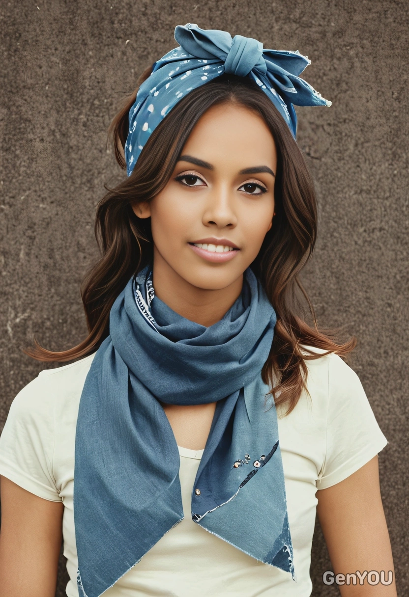 in 1970s denim and a bandana, with a vintage faded color effect