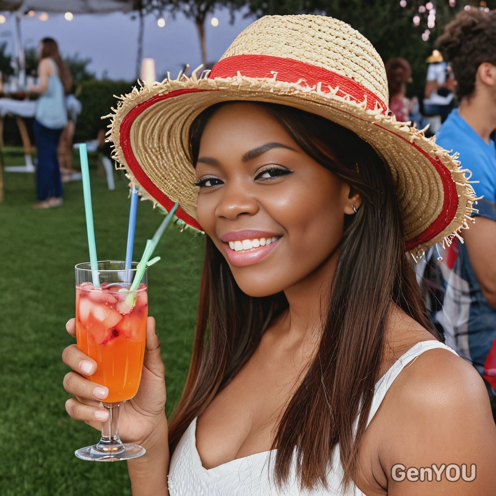 drinking a glass of a colorful cocktail, straw hat, evening outdoors party