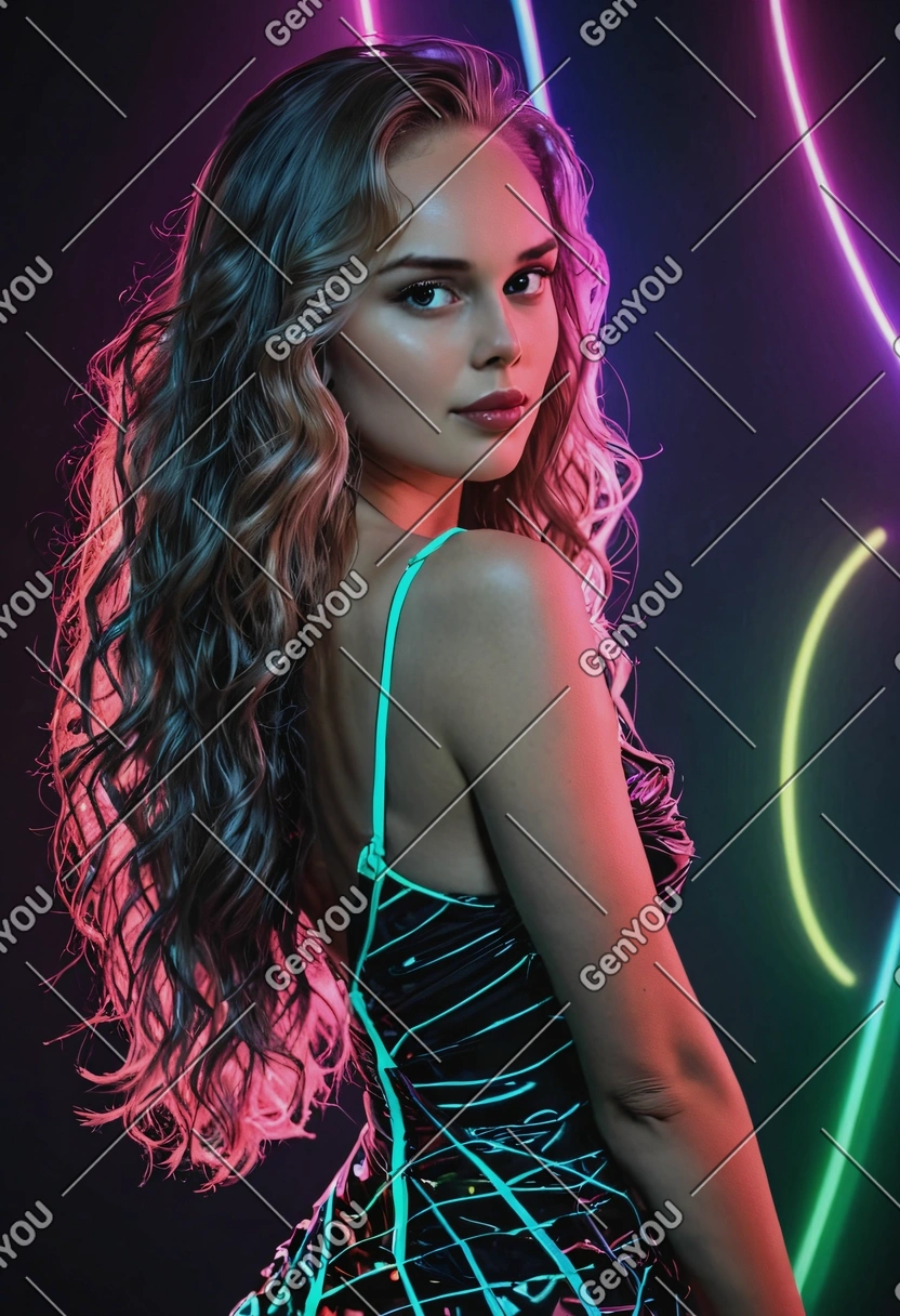 seductive sexy pose with a flirty look, half-body side view, wearing a stunning fitted dress, long wavy hair, in a neon rave club, high-quality photo, vaporware core aesthetics, neon-shaped, sharp face texture, straight tempting eyes looking at viewer