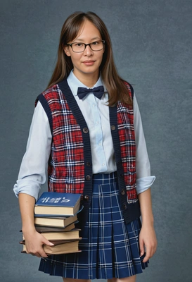 as a 90s valedictorian with big glasses and a stack of books, wearing a plaid skirt and a sweater vest, standing against a simple blue yearbook backdrop 