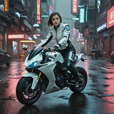 riding a futuristic motorcycle through rain-soaked, neon-lit street,  in cyberpunk outfit
