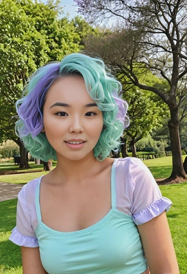 curly bob dyed in pastel mint with bright lavender tips, styled with a playful vibe, set against a cheerful park setting