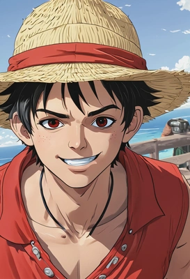 2D anime style, cel-shaded adventure, bold ink outlines, In One Piece anime as Monkey D. Luffy, confident grin, oversized anime black eyes, messy black hair, wearing his red vest and straw hat, standing on the deck of the Thousand Sunny, close-up frame