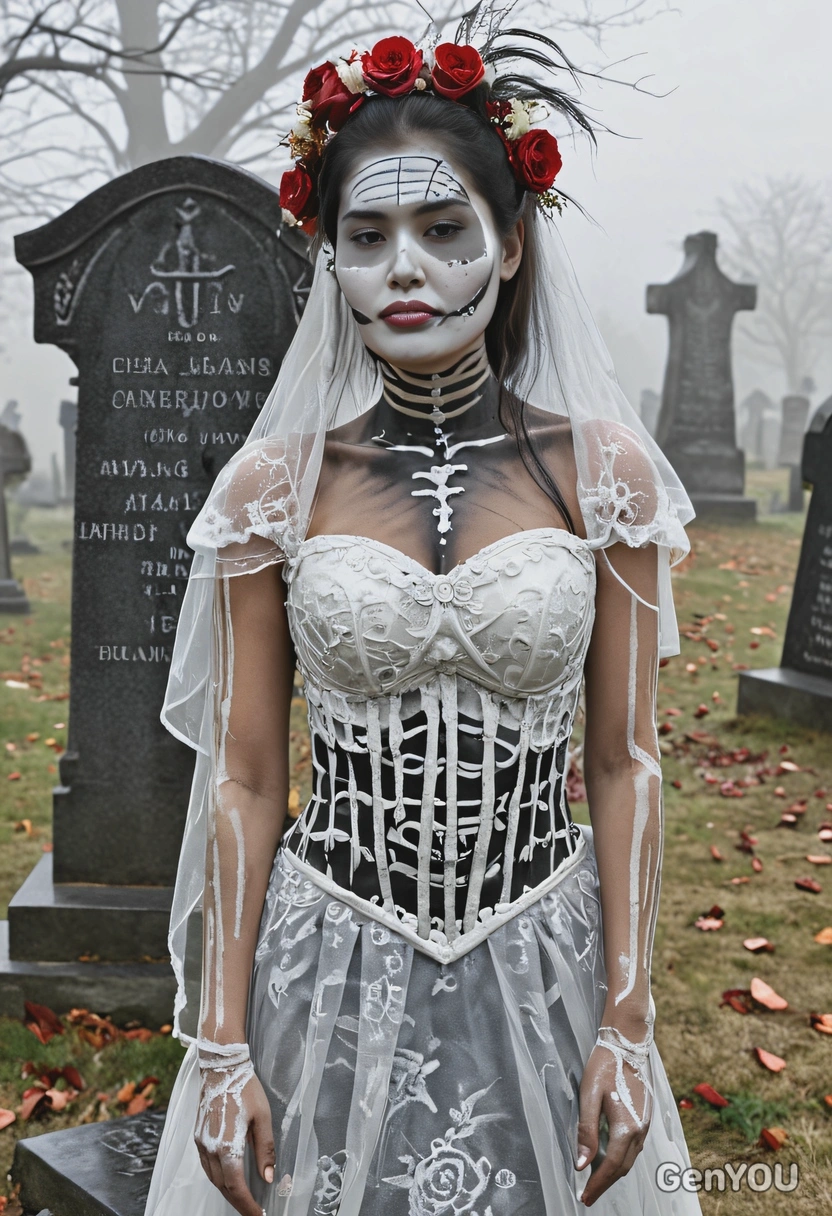as a skeleton bride with intricate face paint, wearing a tattered wedding gown, standing in a misty graveyard with crooked tombstones