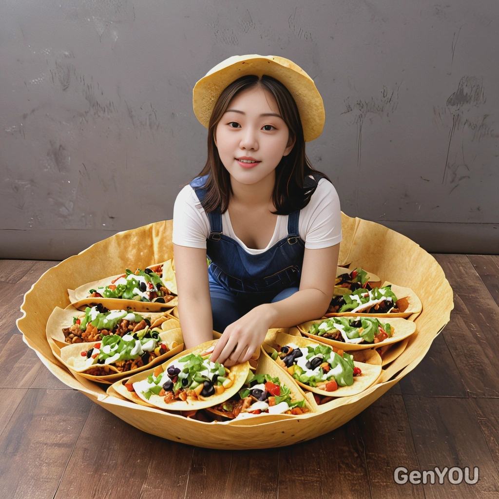  sitting in a giant taco shell, using nachos as paddles to row