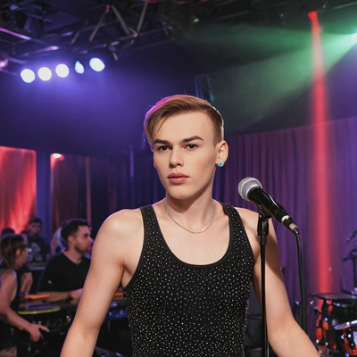 A solo performer practicing a song on stage at a vibrant night club