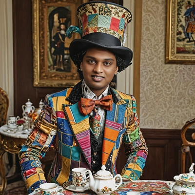 As the Mad Hatter from Alice in Wonderland, wearing an eccentric patchwork suit and a tall top hat, standing at a tea table