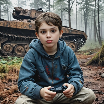 as a child, in torn dirty clothes, holding a game controller in hands, sitting before a rusty old military tank, in a scary foggy dark forest, cyberpunk
