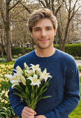 sharp skin texture details, mid-body photo, closed soft smile, fizzy hair, in a blue sweater, holding a bouquet of lilies, standing in a spring park, golden hour