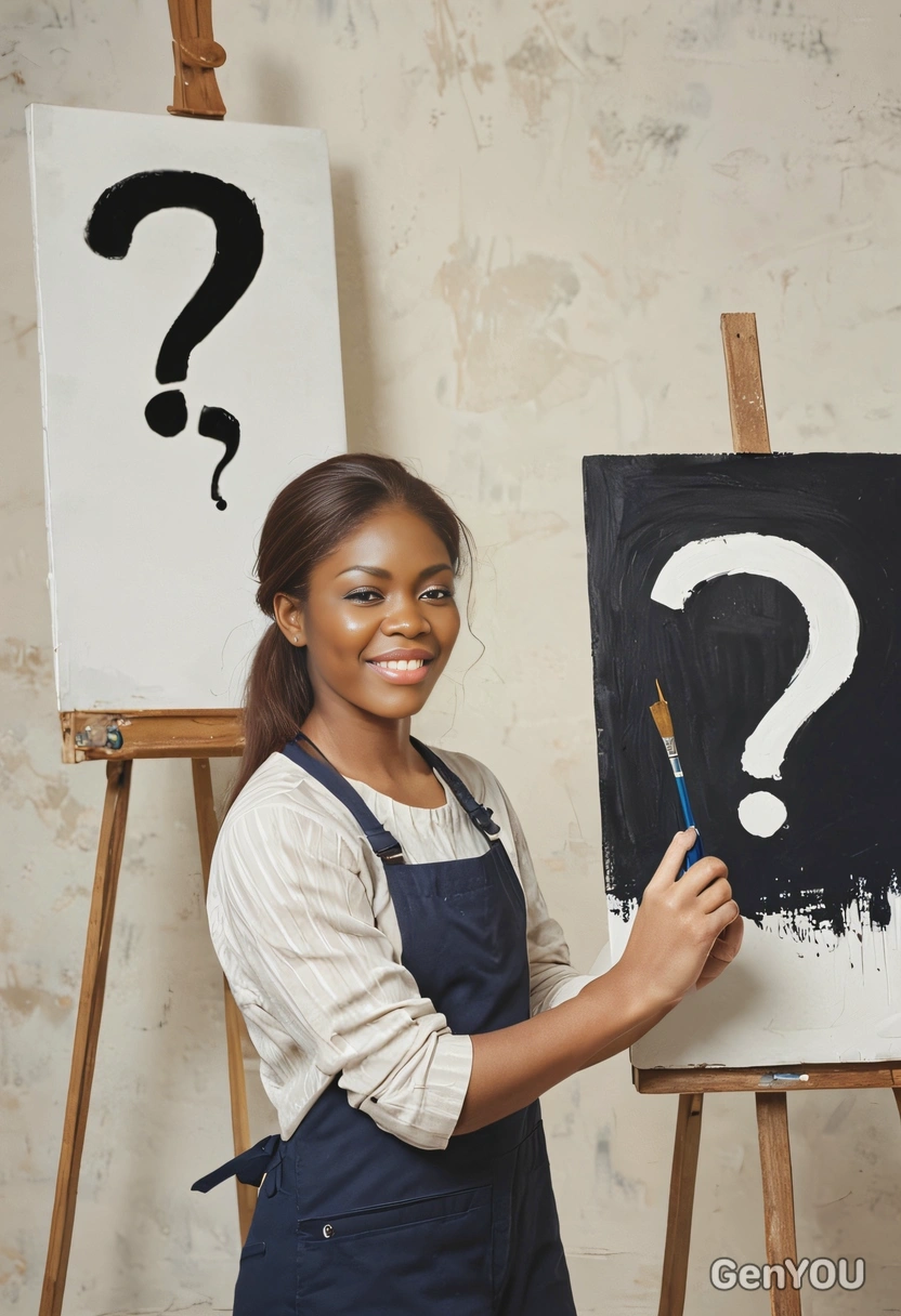 holding a paintbrush, standing in front of a canvas with a painted question mark on it, blurred background, cinematographic style