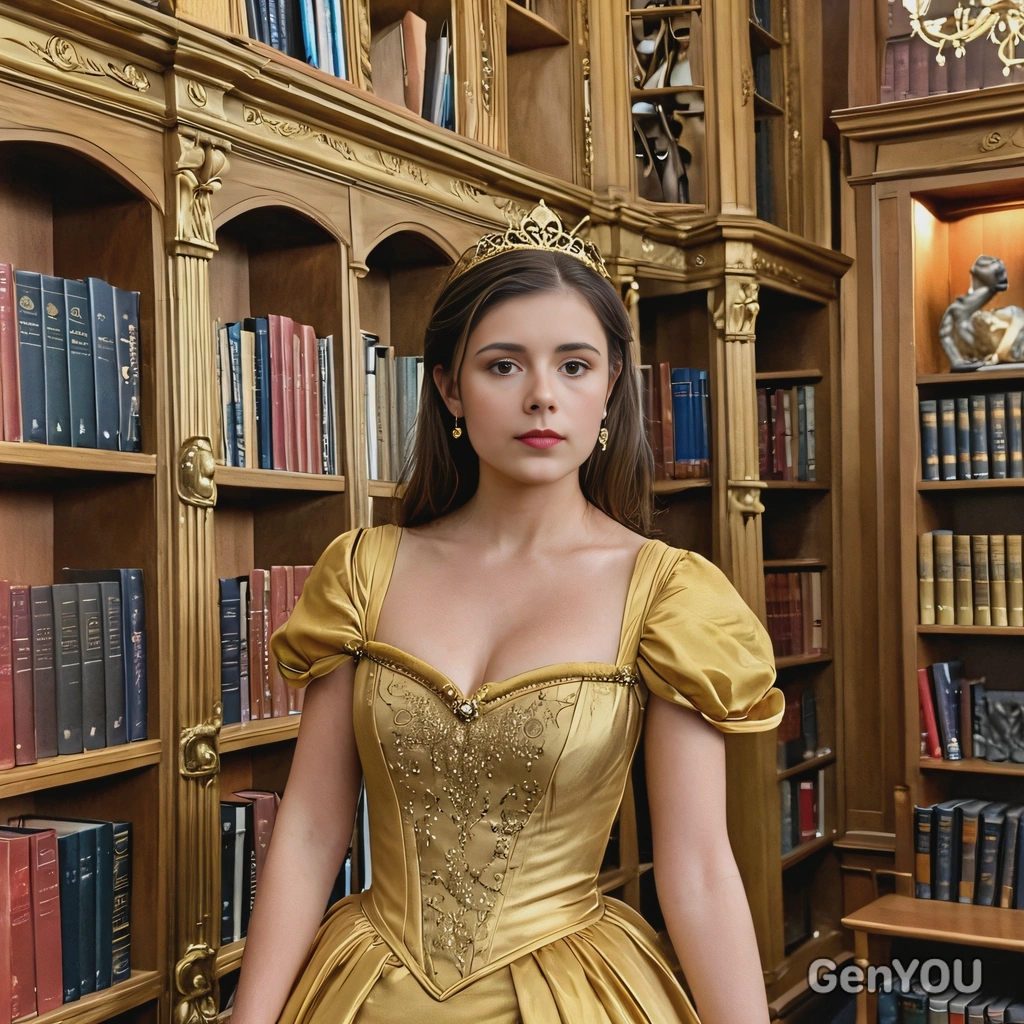 As Belle from Beauty and the Beast, wearing a golden gown, standing in the enchanted library 