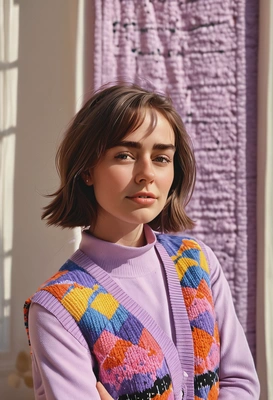 iPhone camera quality, sharp skin texture details, wearing trendy lilac chunky knit vest with abstract colorful geometric shapes pattern all over the vest, curtain bangs hairstyle, romantic photoshoot posing, blurry art gallery exhibition background, long soft shadows, morning sun rays from the window