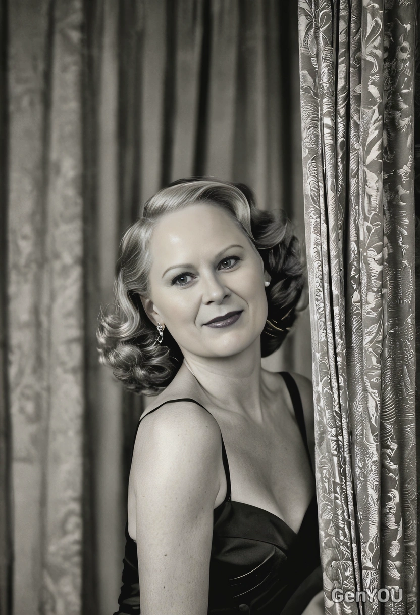 in 1940s Hollywood glamour style, curtains on the background, with a black and white filter, blurred background