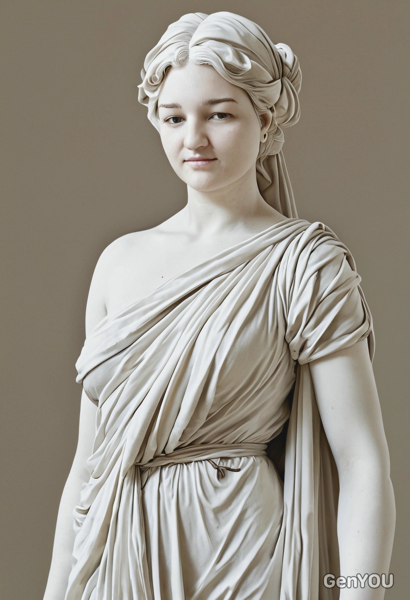 as a Michelangelo sculpture, fully dressed in a drape, white face, proportional figure