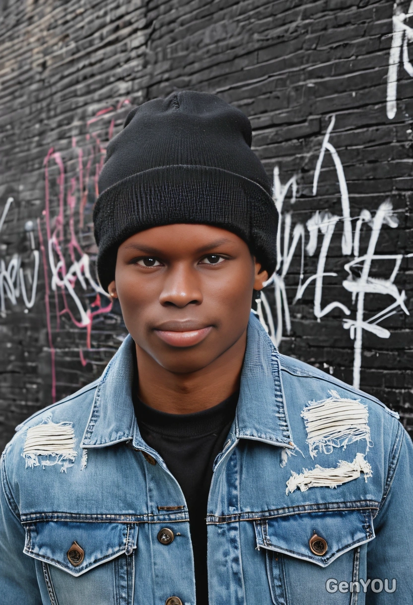 close-up, in a distressed denim jacket and a plain black beanie, against a backdrop of urban graffiti