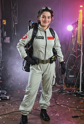in Ghost Busters suit, full body image, crowdy party background, disco lights