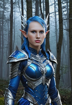as an elf, in glowing blue and silver armor, with spear, night foggy forest, looking at you, vivid colors, symmetrical clothing details, 3D video game style, high-quality stylized art