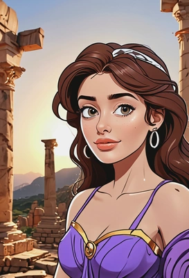 Hand-drawn flat cartoon style, bold outlines, Megara from Hercules, oversized cartoon big sparkling eyes, dramatic temple lighting, waist-up portrait, ancient Greek ruins background