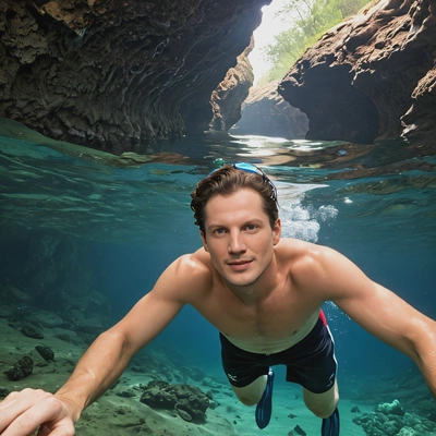 a swimmer exploring an underwater cave