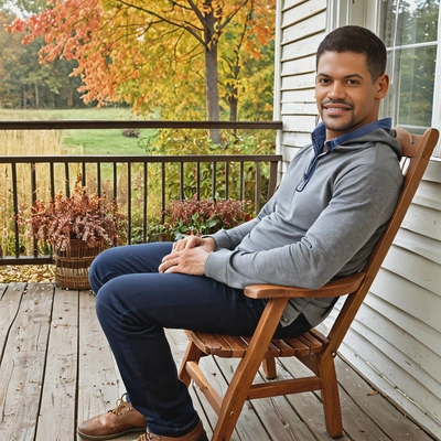 sitting in a wooden chair on a front porch, autumn background
