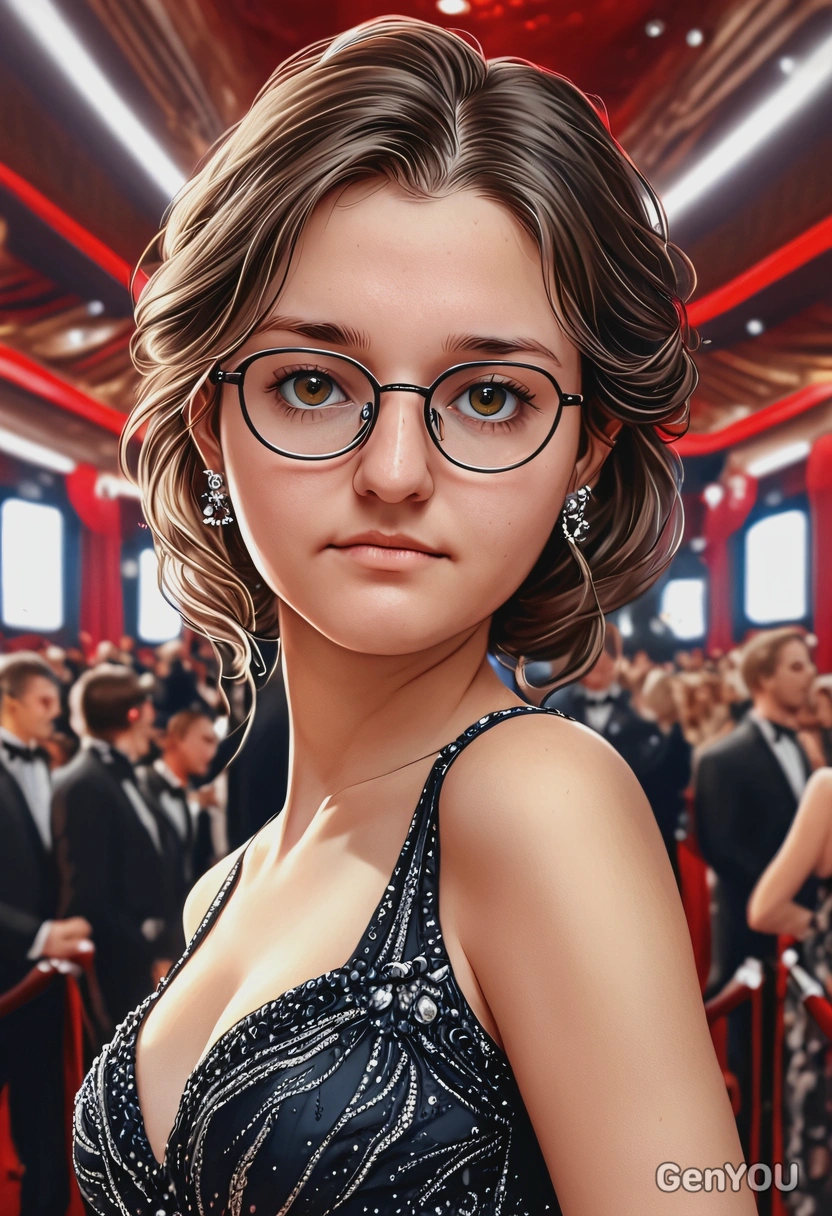 as a glamorous movie star, red carpet, fantastic dress, eyes on you, eye lenses, big round eyes, high-quality stylized art, cartoonish style, visible brushstrokes