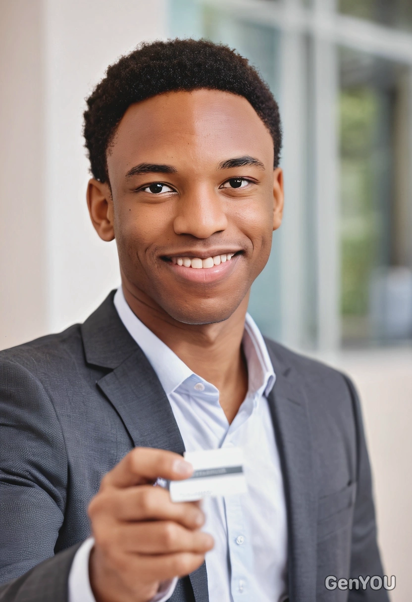 a businessperson, exchanging business cards with a smile, blurred background