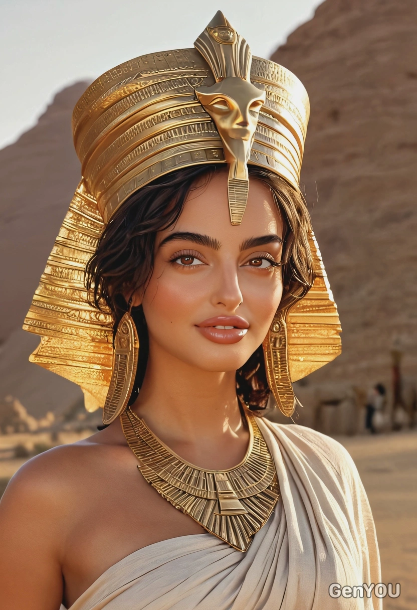 hyperrealistic textured face skin, Egyptian Queen with gold headdress, kohl-lined eyes, pleated linen dress, relaxed pose, blurry desert with pyramids background, golden hour