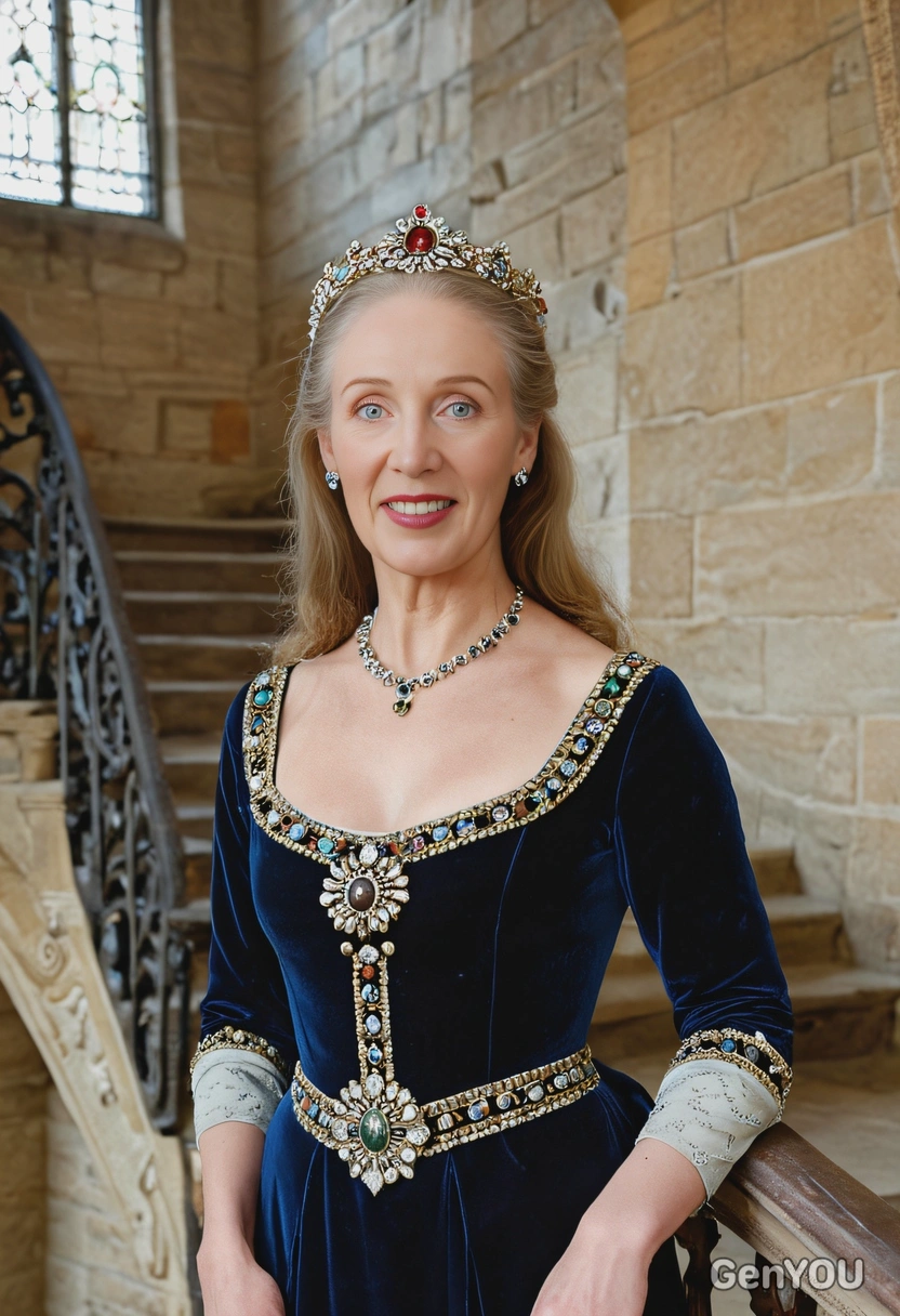 wearing a Renaissance-era velvet gown with a jeweled crown, standing beside a grand stone staircase in a castle, half body portrait 