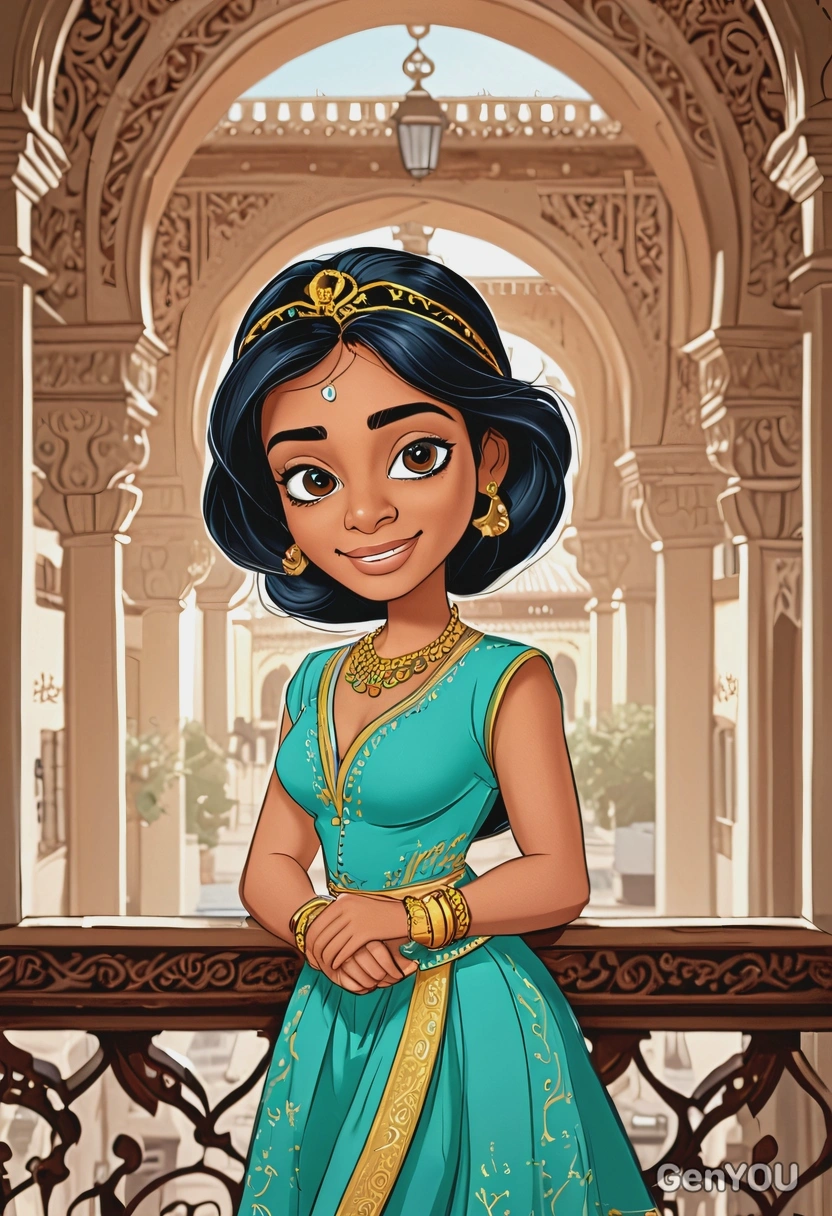 hand-drawn flat cartoon style, Jasmine from Aladdin, oversized cartoon eyes, waist-up portrait, palace balcony background