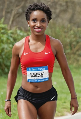 as a marathon runner, wearing a red tank top and shorts, half body 