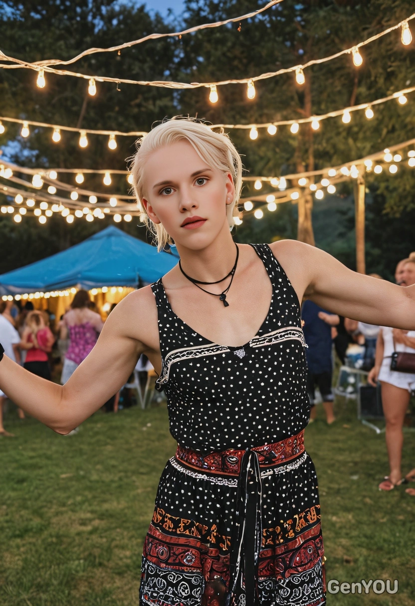 as a festival goer in boho chic attire, dancing under string lights at an outdoor concert, mid-shot photo 
